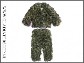 Ghillie 5 delig sniper woodland camouflage suit/pak inclusief een geweer cover